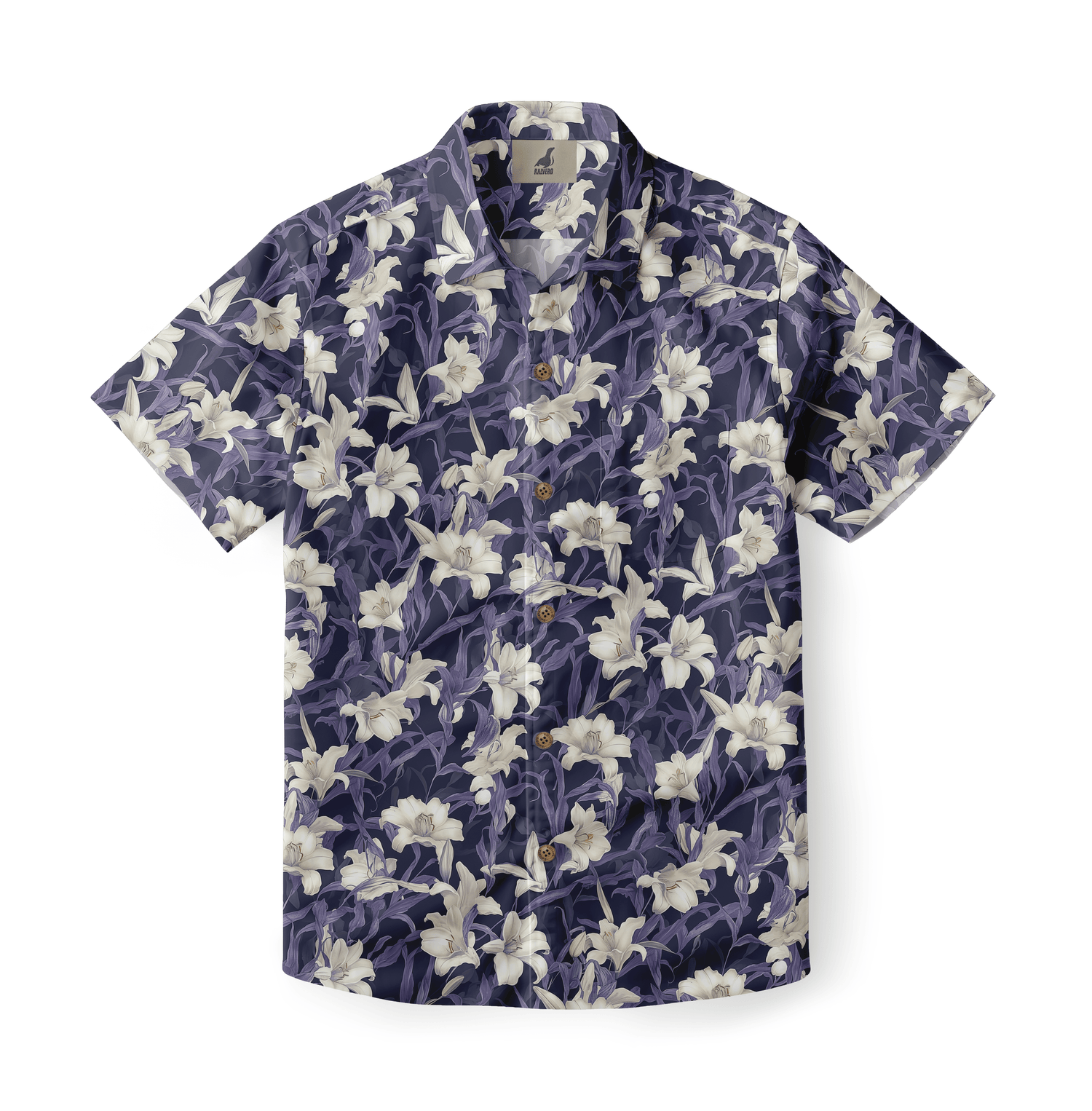 Dark blue shirt with white lily floral pattern.