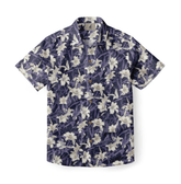 Dark blue shirt with white lily floral pattern.