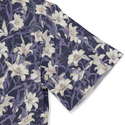 Dark blue fabric with white lilies and purple leaves pattern.