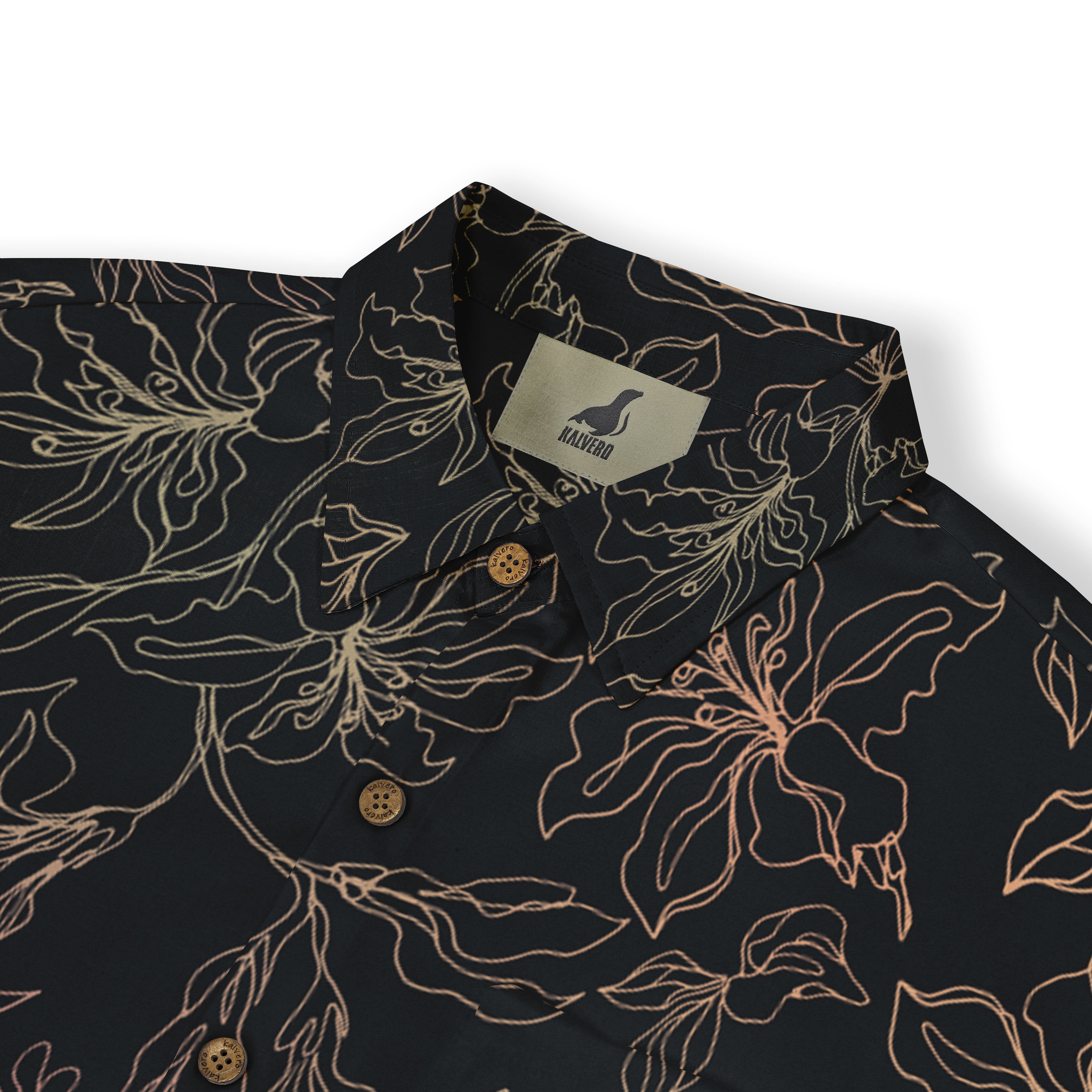 This close-up showcases the elegant floral pattern on a dark background, with subtle details and wooden buttons adding a refined touch to the shirt&