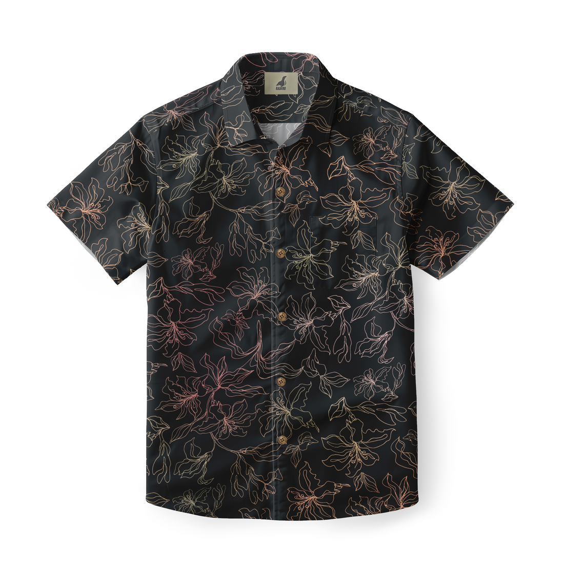 This shirt features a delicate floral design in soft hues against a dark background, offering an elegant and understated style.