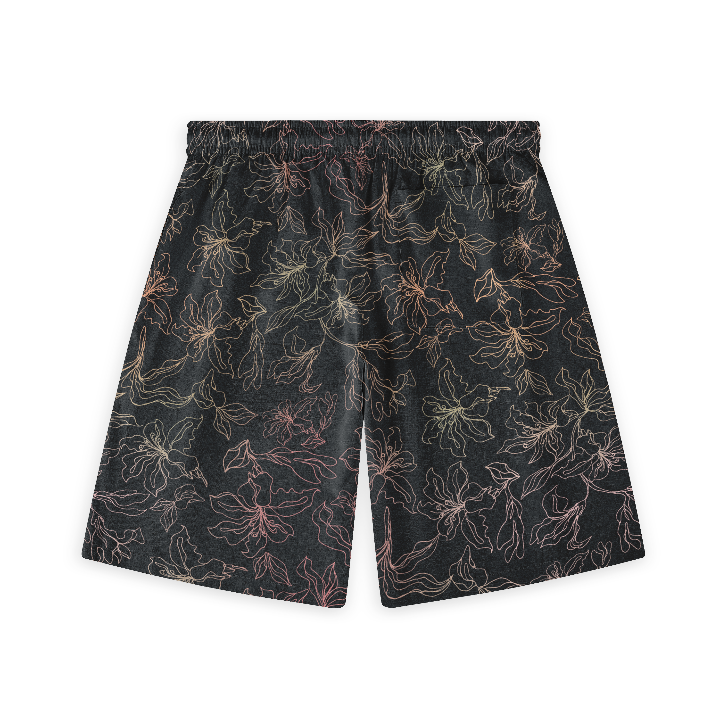 These shorts showcase a delicate floral pattern in soft tones on a dark background, creating a subtle and elegant look.