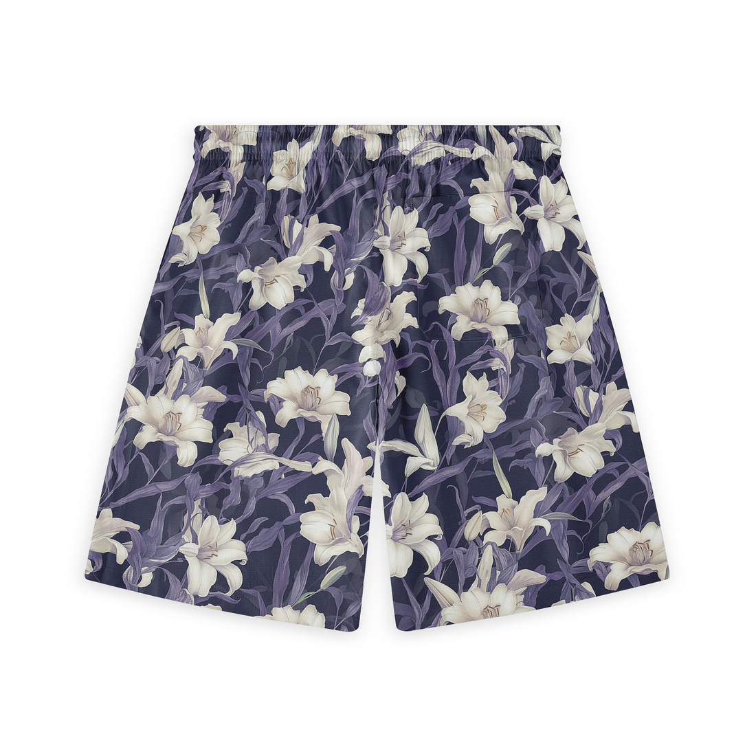 Dark blue shorts with white lily floral pattern.