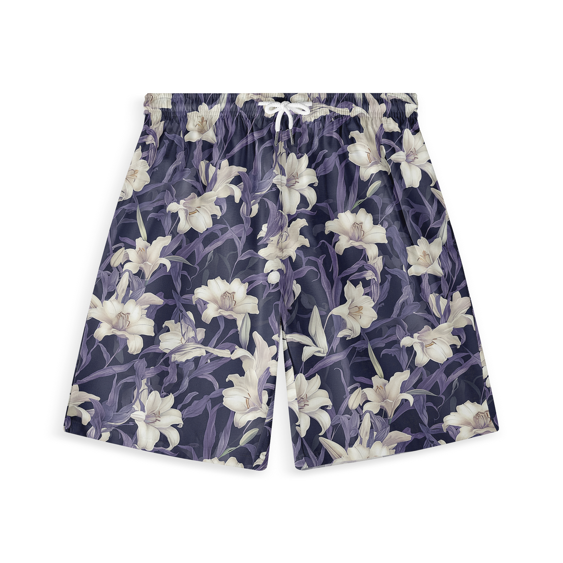 Navy shorts with white lily floral pattern and drawstring waist.