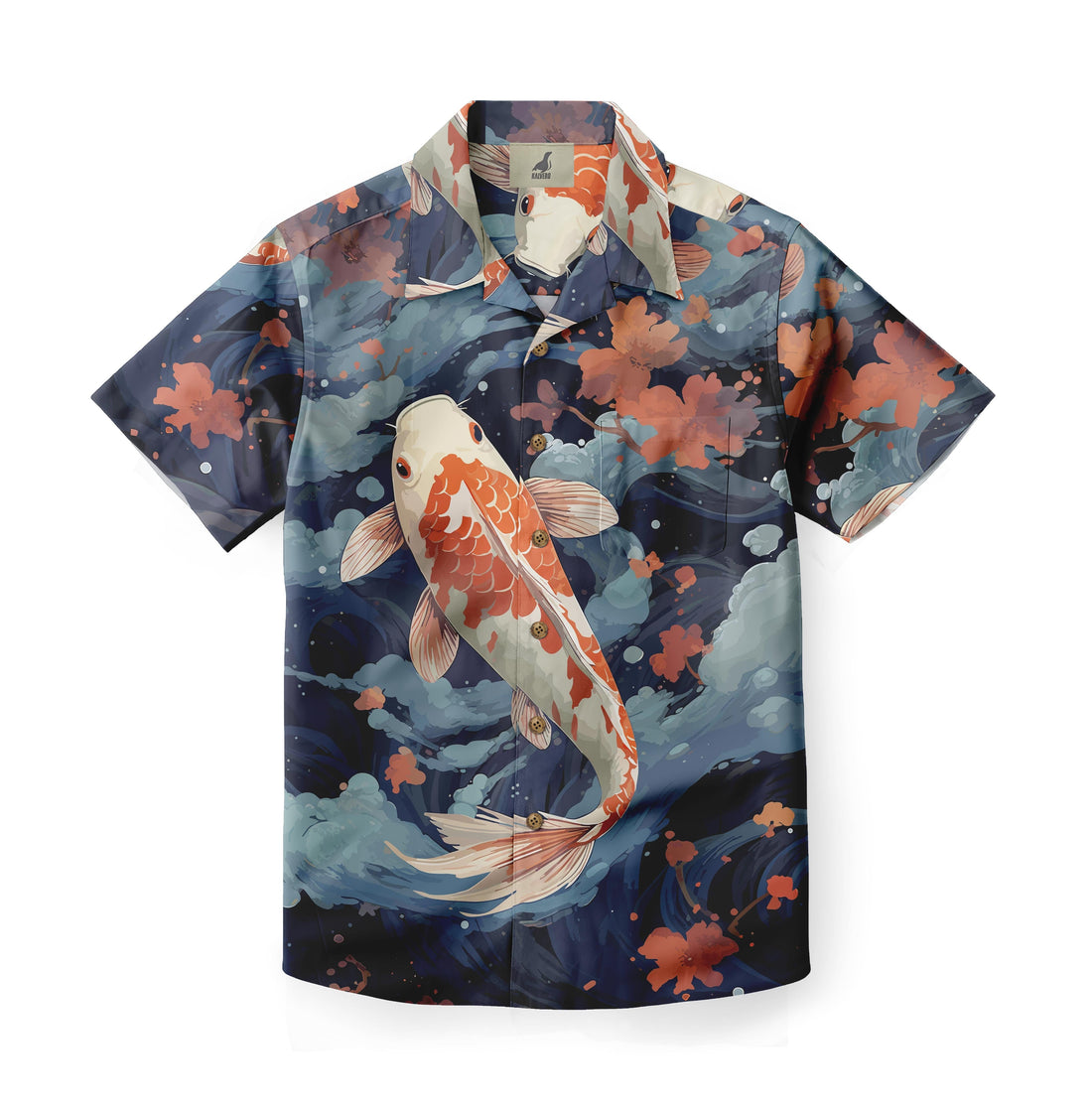 Colorful koi fish shirt with floral and wave design.