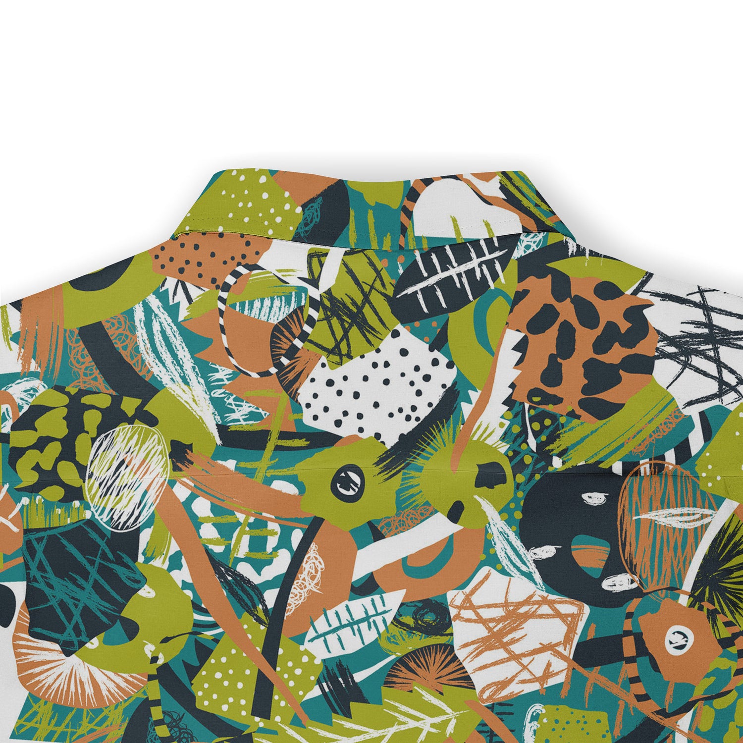 This is a close-up of the back of a shirt featuring a vibrant abstract design in green, orange, black, and white. The pattern includes various geometric shapes and leaves, creating a lively and dynamic visual style.