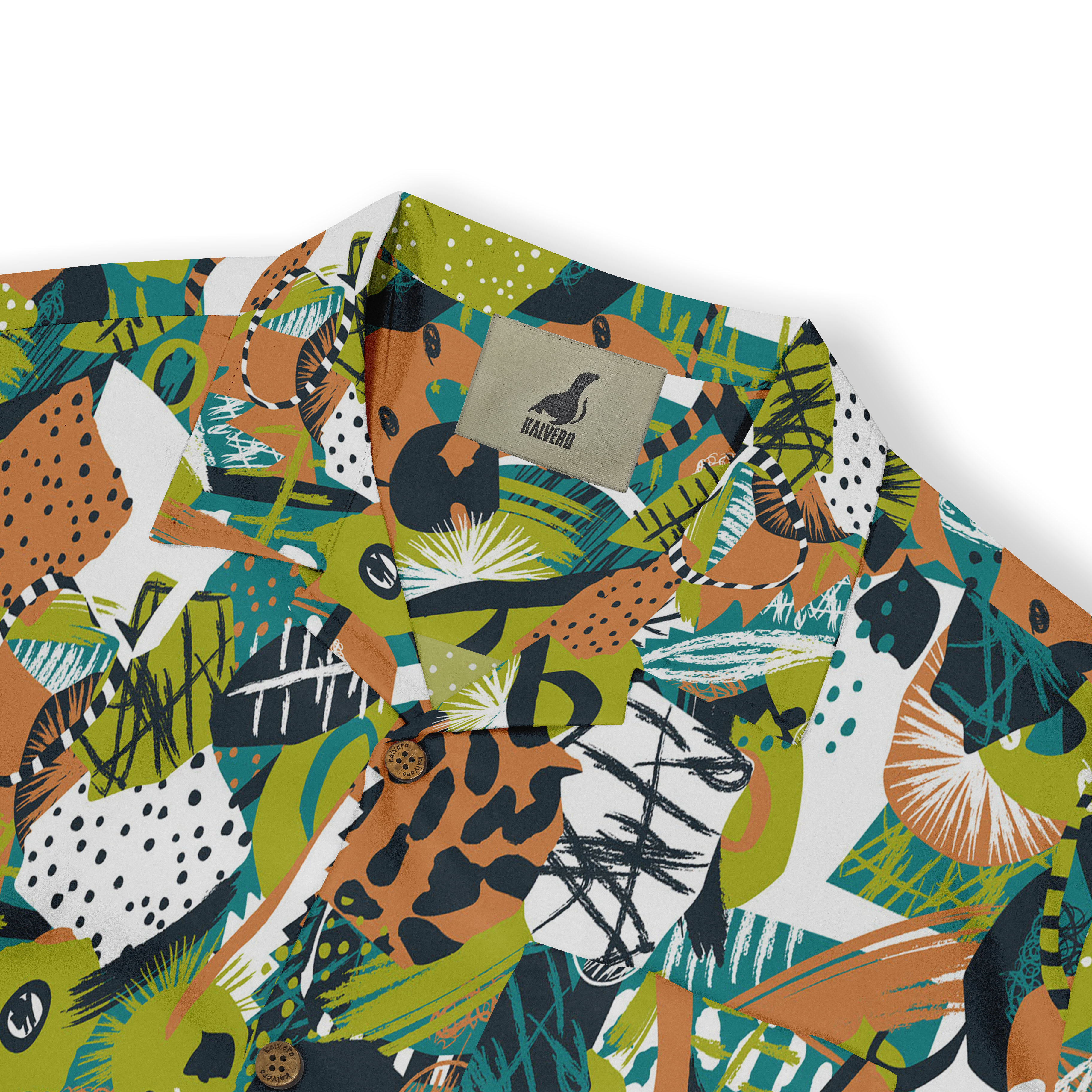 This is a close-up of a shirt featuring a vibrant abstract design in green, orange, black, and white. The pattern includes geometric shapes and leaves, creating a lively and bold style.