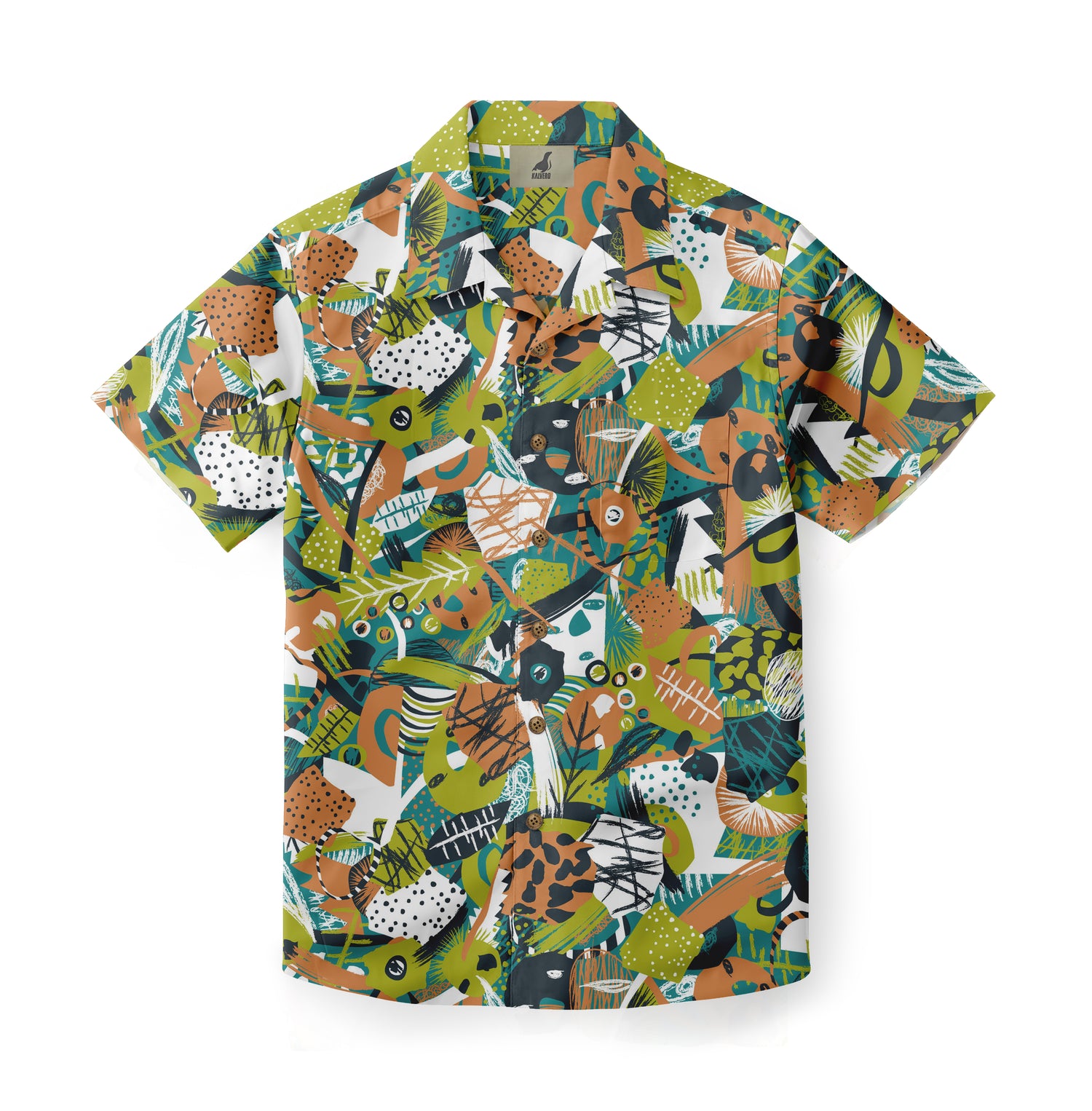 This is a short-sleeve shirt with a vibrant abstract design in green, orange, black, and white. The pattern features geometric shapes and leaves, creating a lively and bold look.