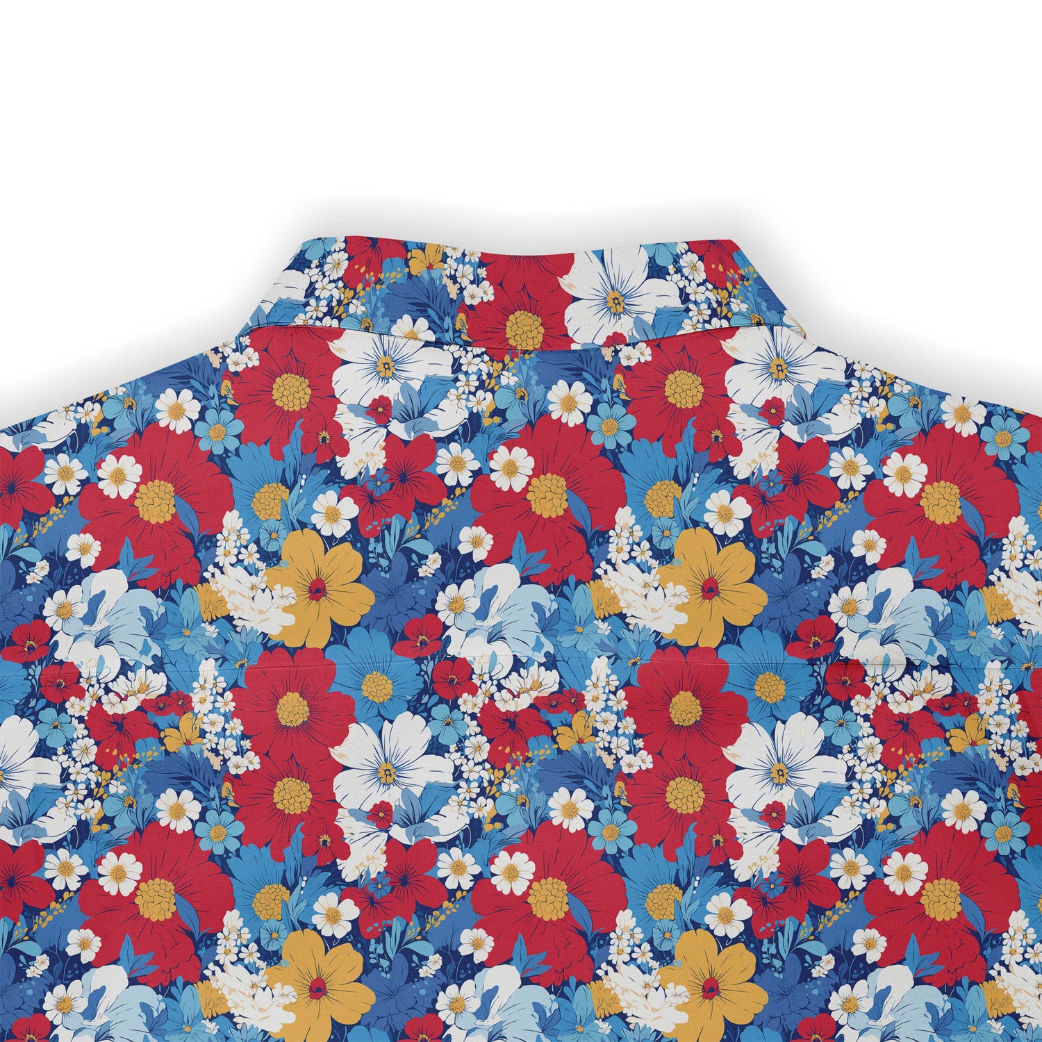 A colorful shirt with an array of vibrant flowers including daisies, cosmos, and hibiscus on a blue background. back view