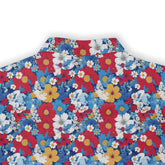Colorful floral shirt with red, blue, and yellow flowers.