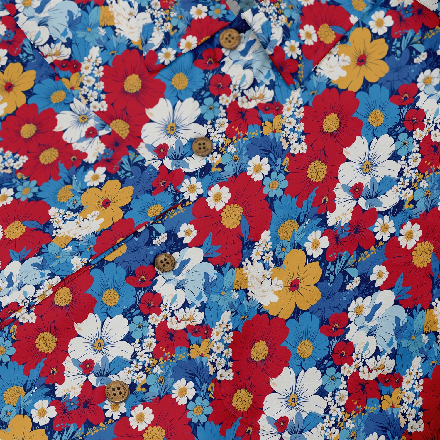 A colorful shirt with an array of vibrant flowers including daisies, cosmos, and hibiscus on a blue background. close-up