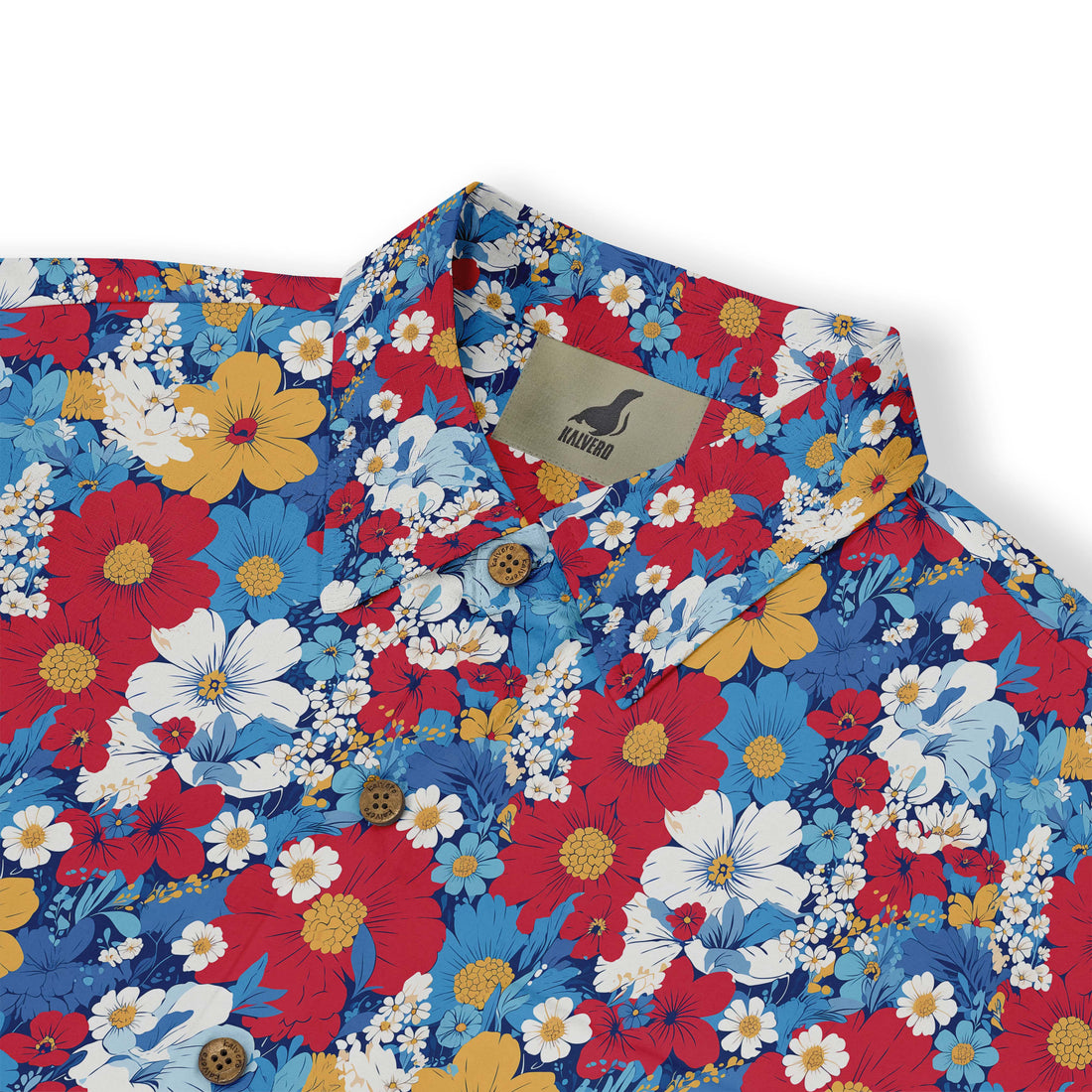 Colorful floral shirt with red, blue, yellow flowers and brand tag.