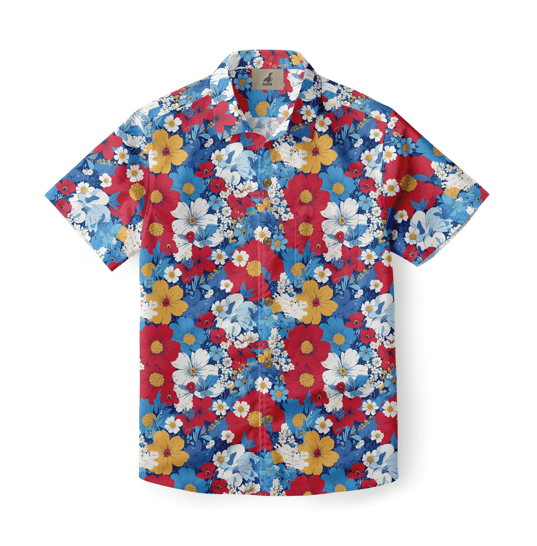 A colorful shirt with an array of vibrant flowers including daisies, cosmos, and hibiscus on a blue background.