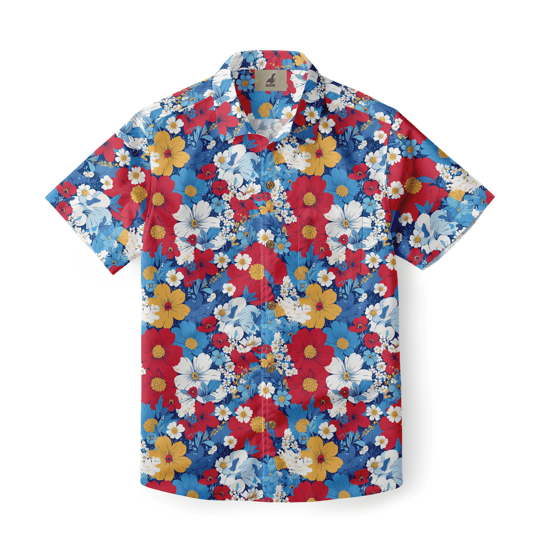 Blue shirt with red, yellow, and white floral pattern.