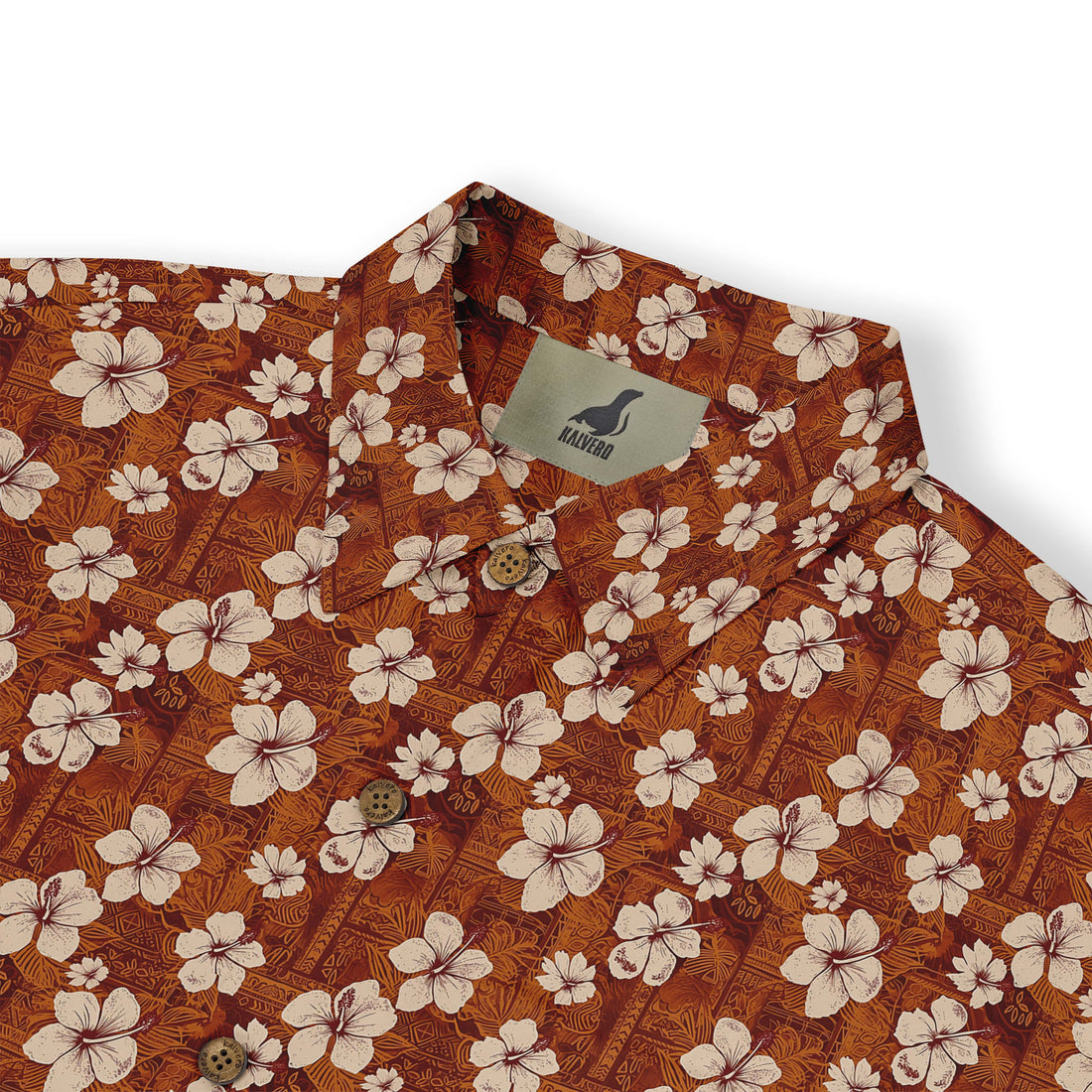 Brown shirt with white flowers and brand tag inside collar.