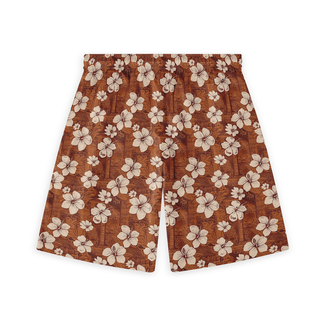 Brown shorts with white hibiscus floral pattern.