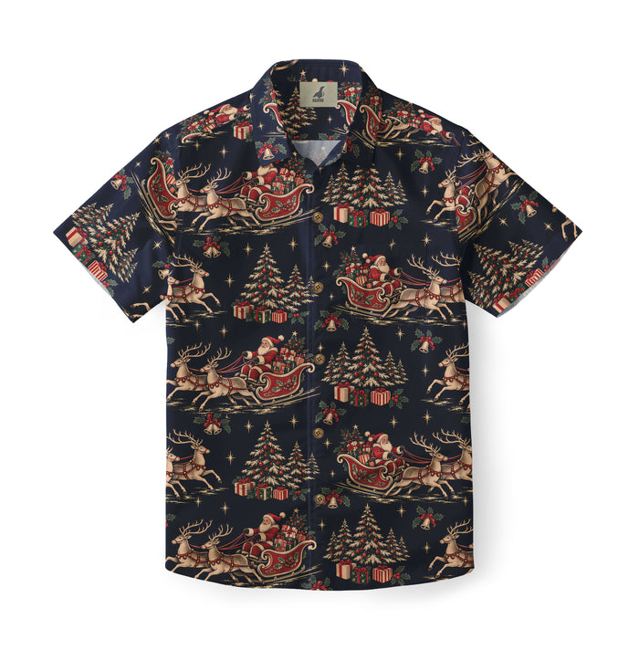 Vintage Santa Sleigh Hawaiian Shirt with Santa Claus sleighs, reindeer, Christmas trees and gifts on a dark background, front view