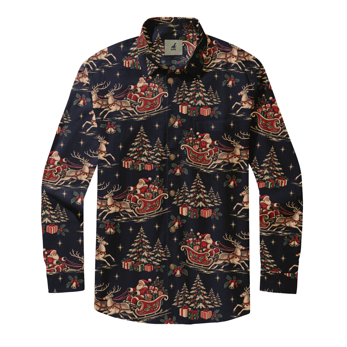 Vintage Santa Sleigh Long Sleeve Shirt with Santa Claus sleighs, reindeer, Christmas trees and gifts on a dark background, front view