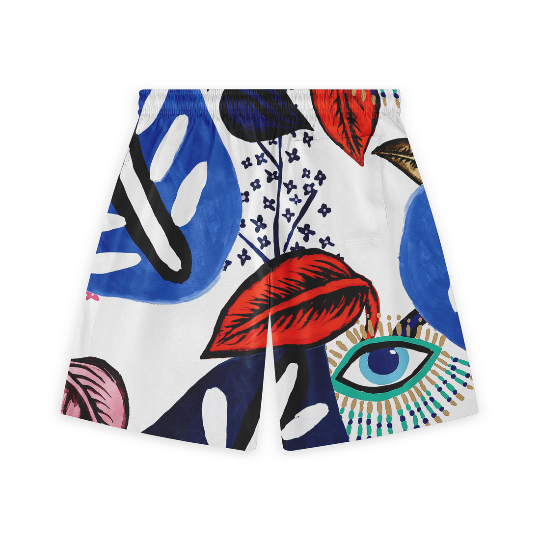 This is a close-up of the back of a pair of shorts featuring a bold, abstract design with large, vibrant blue and red leaves set against a white background. The pattern includes striking black accents, delicate floral details, and a prominent eye motif, creating a dynamic and eye-catching appearance.