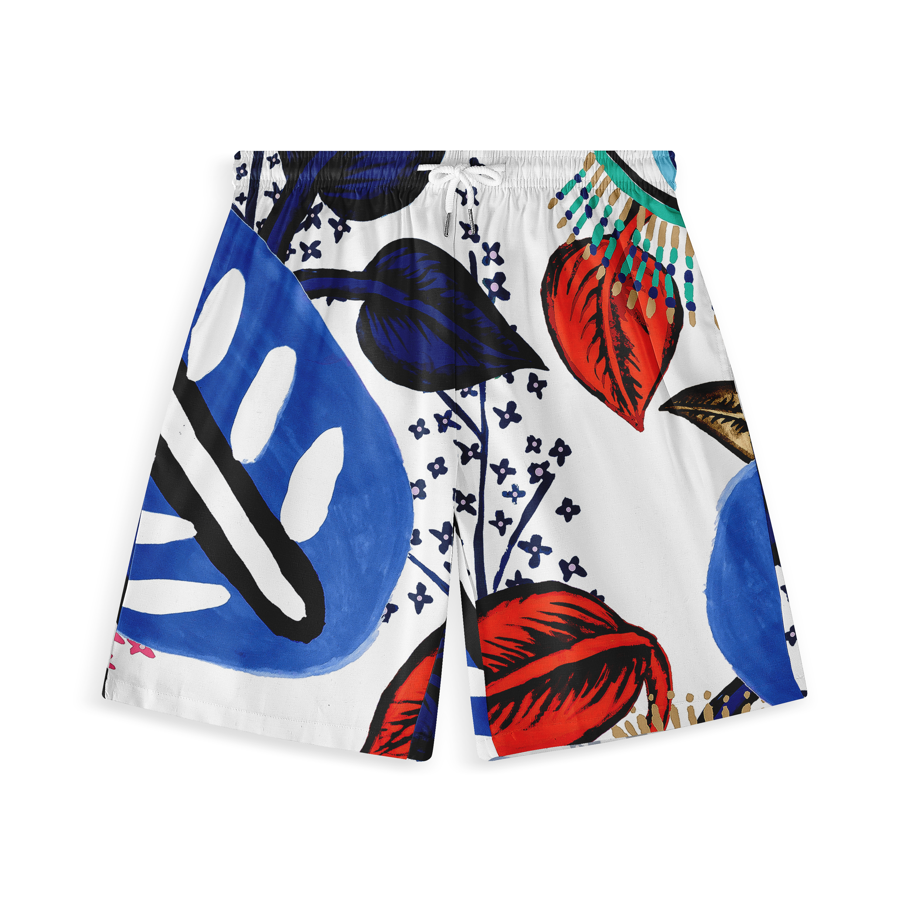 This is a close-up of a pair of shorts featuring a bold, abstract design with large, vibrant blue and red leaves set against a white background. The pattern includes striking black accents and delicate floral details, creating a dynamic and eye-catching look.