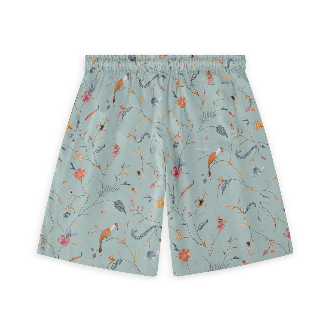 Light green shorts with a soft floral pattern, featuring delicate branches, leaves, and small birds in a variety of gentle colors.