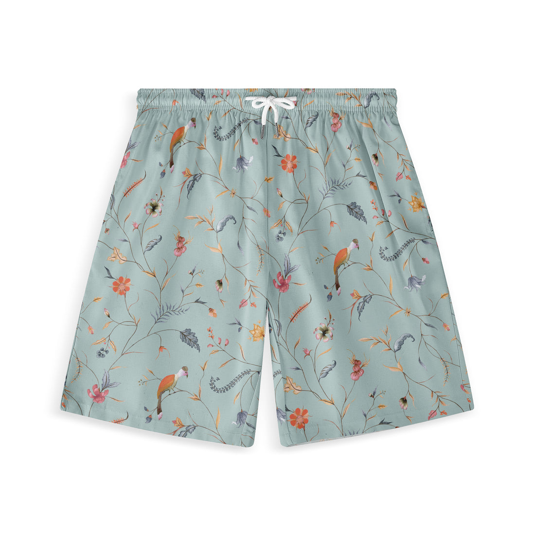 Light green shorts adorned with a delicate floral pattern, featuring small birds and leaves in various soft colors, offering a fresh, nature-inspired look.