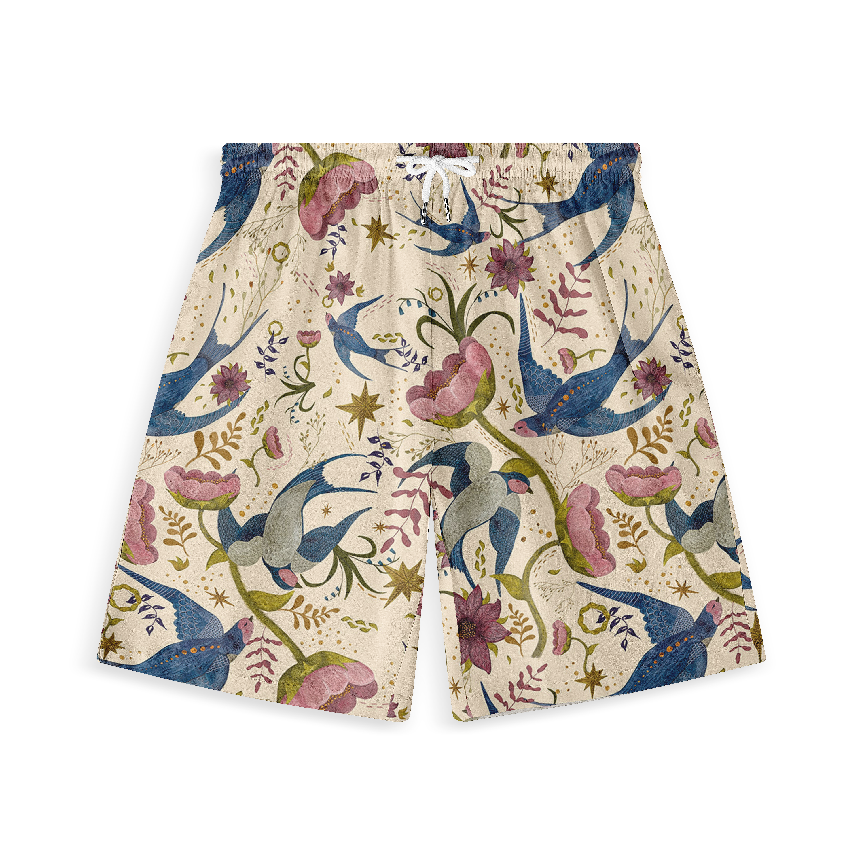 This is a close-up of a pair of shorts featuring a whimsical design with vibrant blue birds and pink flowers, set against a light beige background. The pattern includes various floral elements and stars, creating a playful and artistic look.